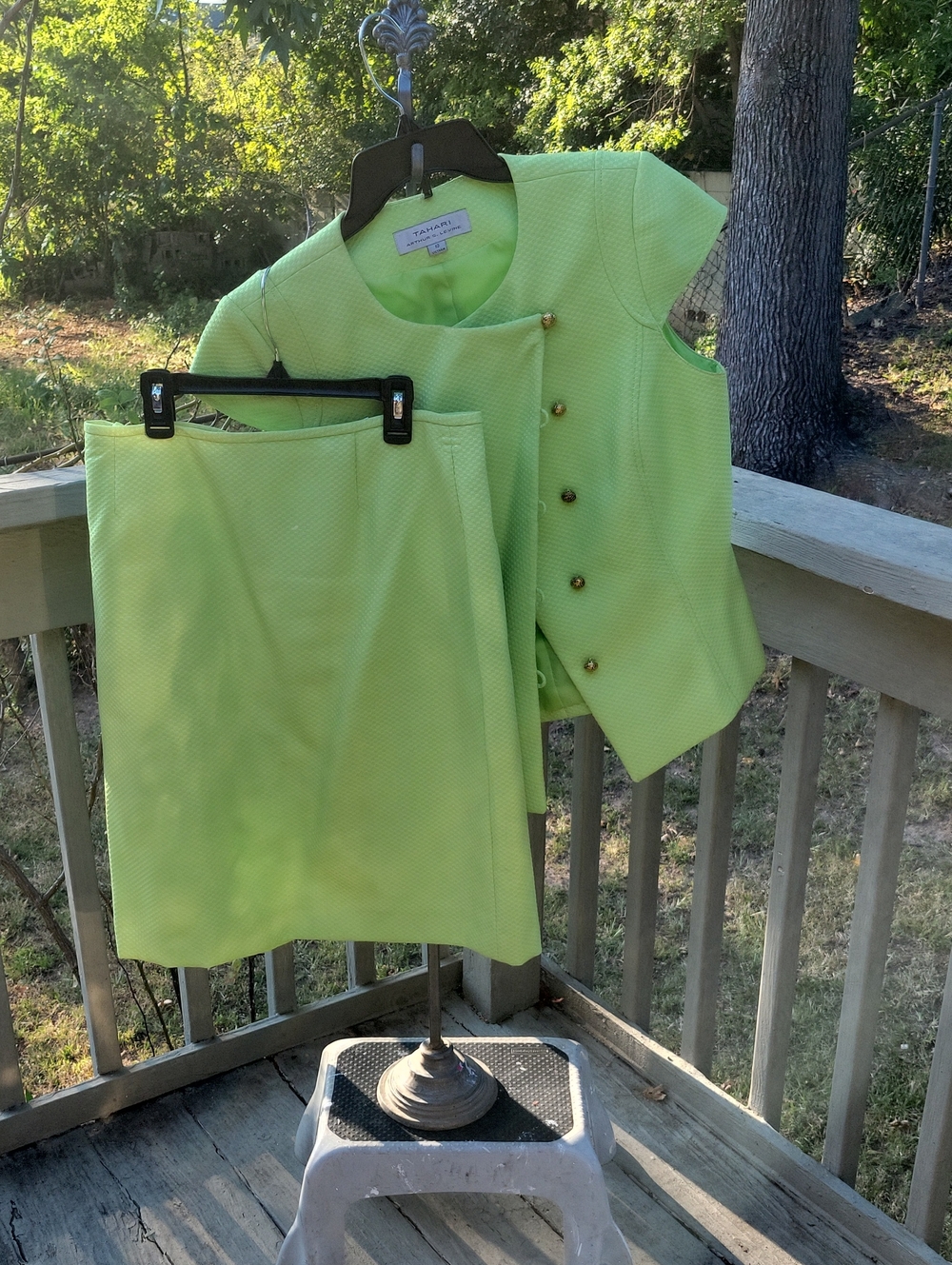 Tahari Lime Green Two-Piece Skirt Set with Gold Buttons